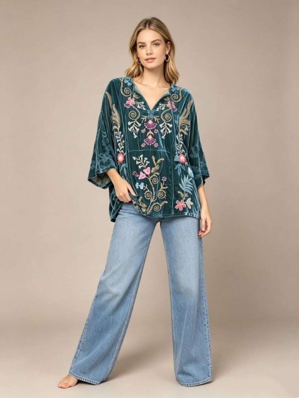 NWOT Johnny Was Silk Blend Velvet Floral Embroidered Tunic Blouse Green Size M - Picture 2 of 16